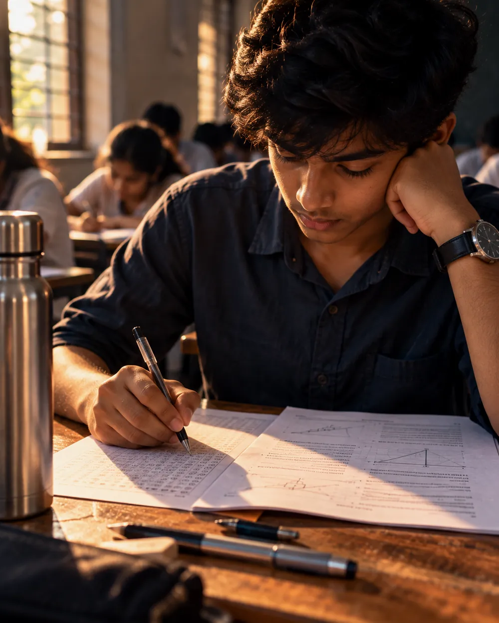 A student focused on writing a practice test